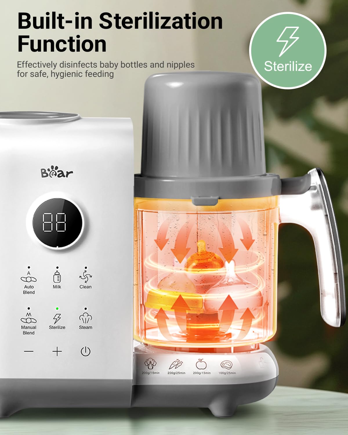 Bear Baby Food Maker with 18.5oz Dual-Layer Steam Baskets, OneStep Baby Food Processor Steamer Puree Blender Grinder Mills, Auto Cooking Grinding&Sterili-zing for Healthy Homemade Baby Food, BPA-Free