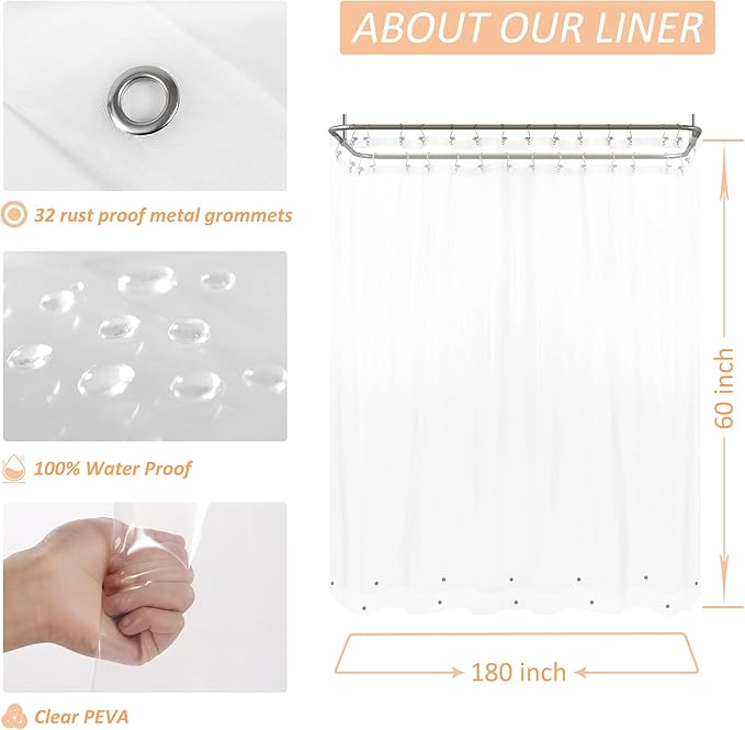 Mrs Awesome Clawfoot Tub Shower Curtain or Liner with 12 Magnets - Free 36 Hooks Included, Waterproof PEVA, 180" x 60", Clear