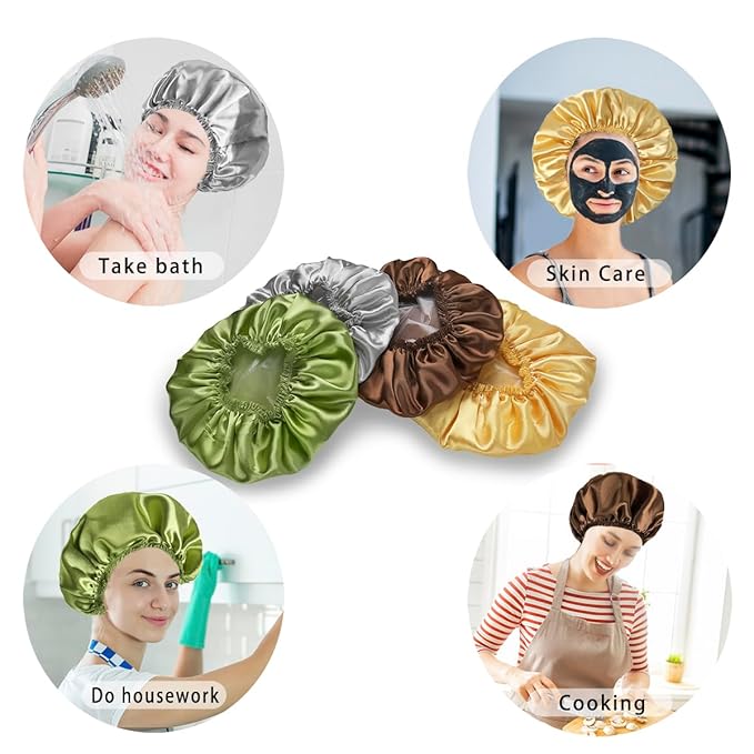 4 PCS Shower Cap for Women, Elastic and Reusable Bath Caps, Double Layers Shower Caps Reusable Waterproof, Bathing Shower Caps, Environmental Bath Hair Protection Cap -Gold+Green+Silver Gray+Brown