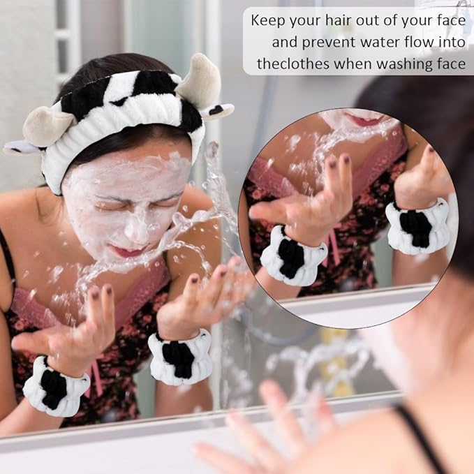 AHONEY Cow Ears Headband Cow Print Skincare Headbands and Wristbands, Cute Spa Wrist Band Fluffy Hand Cuffs Women Facial Makeup Accessories Costume Party Stuff Birthday Gift