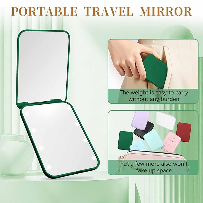 Compact Mirror, 1X/3X Magnification LED Pocket Mirror with Nternal BIattery, Mini Mirror for Purse, Pocket,Travel and Present (Green)