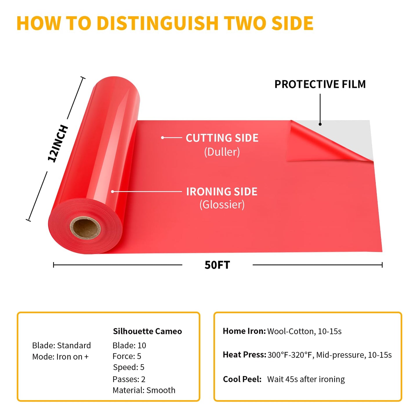 VinylRus Heat Transfer Vinyl-12” x 50ft Red Iron on Vinyl Roll for Shirts, HTV Vinyl for Silhouette Cameo, Easy to Cut & Weed