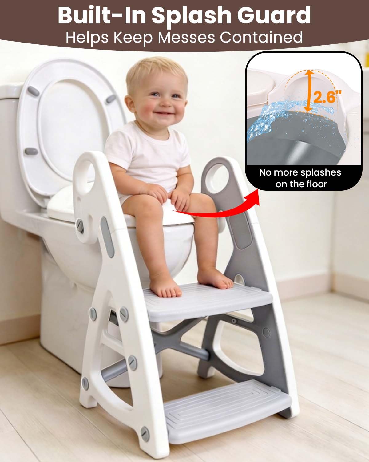 Potty Training Seat, Primlect Upgrade Ultra-Stable Toddler Toilet Seat for Kids Boys Girls, 2 in 1 Potty Training Toilet with Step Stool, Adjustable Seat and Ladder, Non-Slip Pad, Splash Guard (Grey)