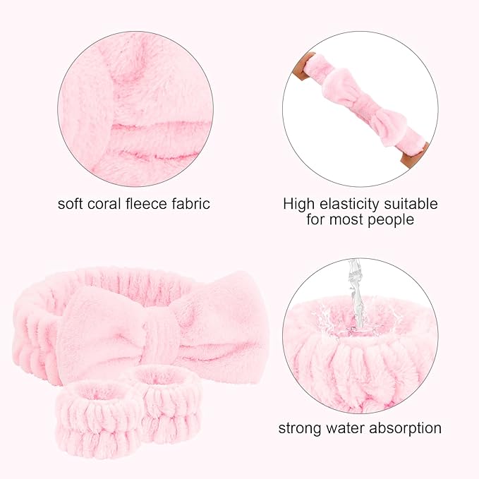 Semato Spa Headband and Wristband Set Skin Care Headband Fluffy Bow Face Wash Headband Hair Accessories Bubble Sponge Spa Headband for Women and Girls (pink)