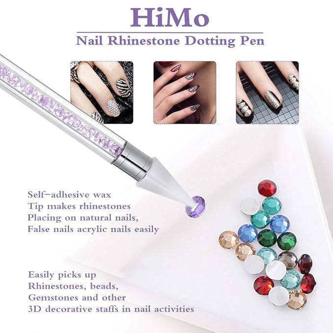 Nail Rhinestone Picker Dotting Tool with Extra 2 Wax Head, Dual-ended DIY Nail Art Tool With Pink Acrylic Handle
