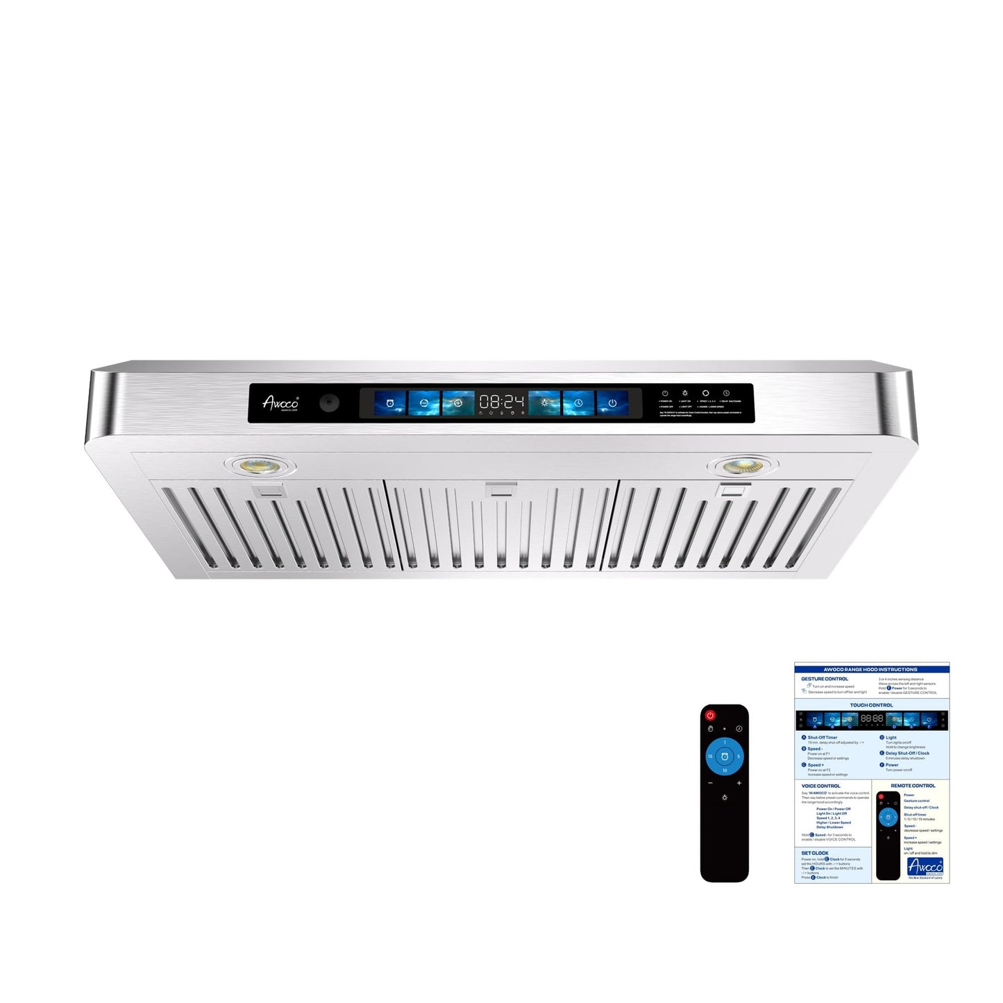 Awoco 30" Under Cabinet Range Hood Smart Controls with Voice, Gesture, Touch & Remote Controls, 900 CFM Kitchen Hood with 4-Speed, Stainless Steel Stove Hood with LED Lights, Baffle Filters