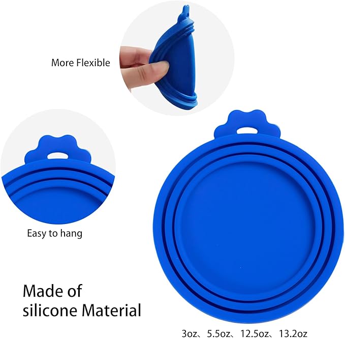 PINE & LINEN 4 Pcs Durable Pet Can Lids,One fit 3 Standard Size Silicone Waterproof Cat Food Cans Lids for 3oz/5.5oz/12.5oz/13.2oz Cat Food Cans（Blue）
