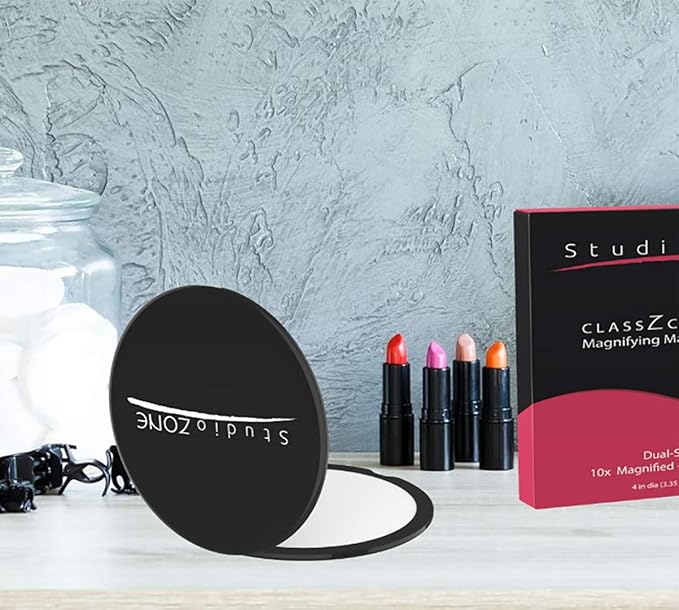 Compact Mirror - 10X Magnifying Mirror - Perfect for Purses - Small Travel Size - 2-Sided with 10X magnification and 1x w No Zoom - Black ClassZ Large Compact Mirrors for Women - 4 Inch Diameter