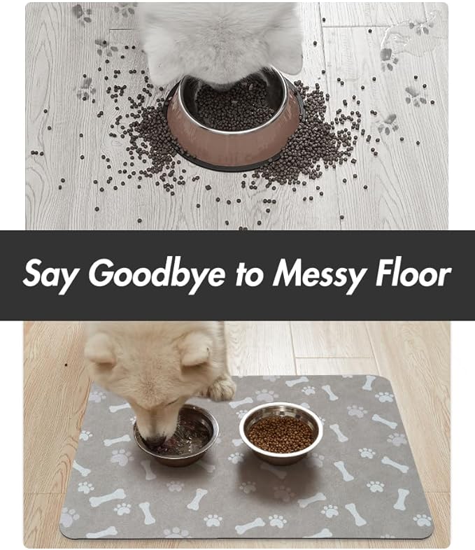 MontVoo Dog Food Mat-Pet Feeding Mat for Food and Water-No Stains Quick Dry Dispenser Cat Bowl Mat for Messy Drinkers(17"x34" Grey)