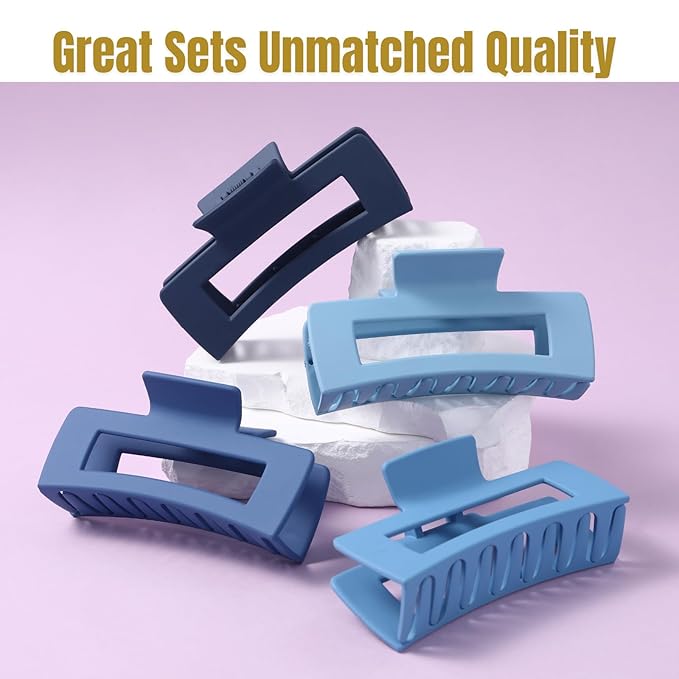 12 Pcs Blue Large Square Hair Claw Clips for Women, 4.3-Inch Matte Rectangle Claw, Strong Hold Non-slip Hair Clips for Thick & Thin Hair