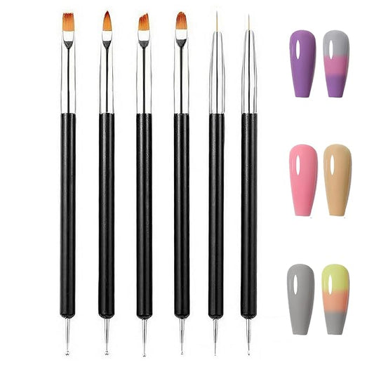 6PCS Double-Ended Nail Art Brush Kit For Gel Polish, Liner, Drawing, Dotting and Detailing - Professional Nail Art Design Pen And Paint Brushes Set