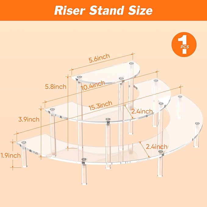 Dooiclear 3 Tier Acrylic Display Risers, Half Moon Cupcake Stand, Clear Perfume Organizer, Dessert Stand for Display, Clear Display Stand for Food, Cupcake, Perfume, Collections