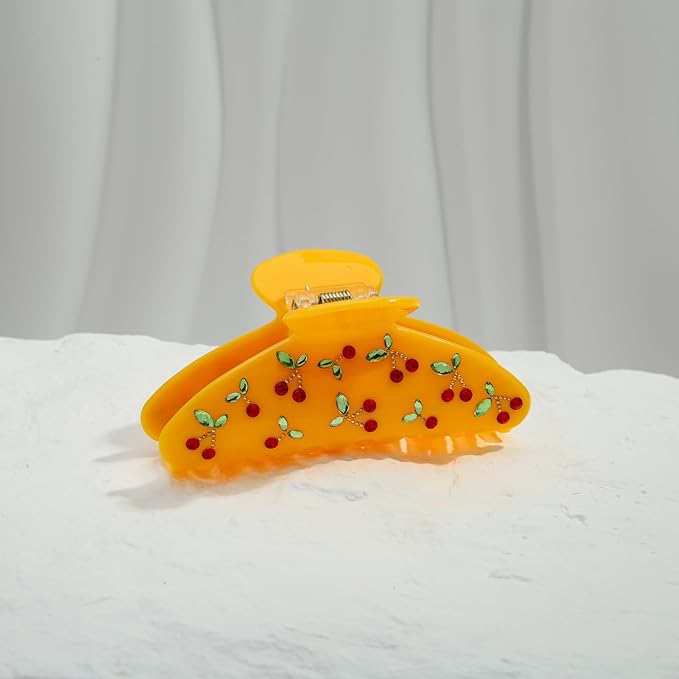 LILIE&WHITE Yellow Acrylic Hair Clips For Women Cherry Hair Clip Claw With The Rhinestone Pattern In Red Cherry Strong Hair Fix Hair Clips Jewelry Fashion Present For Women Hair Accessory