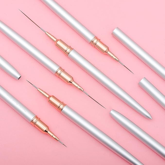 Metallic Nail Art Brushes, 5Pcs Nail Art Liner Brushes, Painting Design Brush Set Nail Dotting Drawing Tool for Long Lines, Thin Details, Fine Drawing Sizes 4/8/12/20/25mm, Sliver