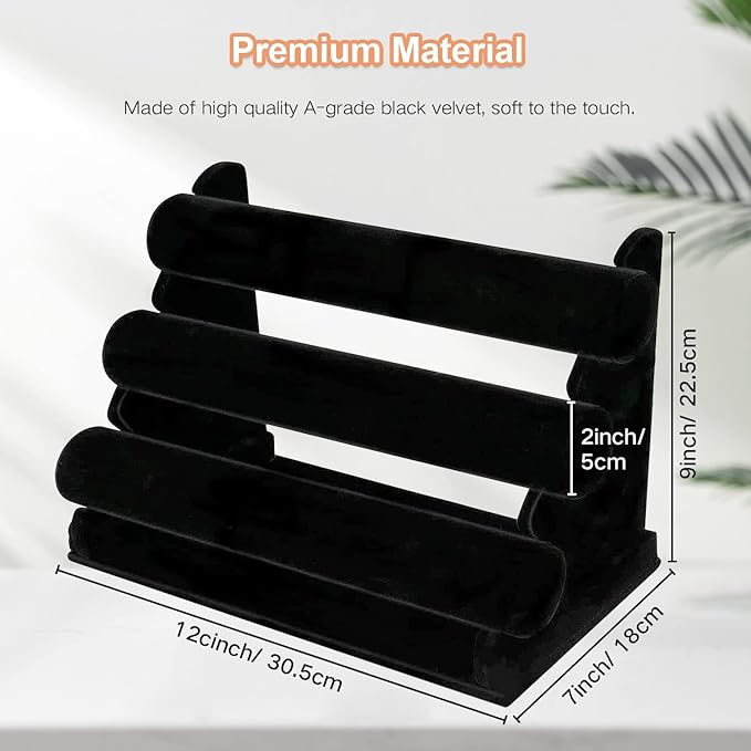 OSPNIEEK Velvet Bracelet Holder with 3 Tier Rack, Black Detachable Jewelry Display Stand T-Bar Necklace Storage Organizer for Bangles Watch Bracelets Scrunchies Organization Showcase