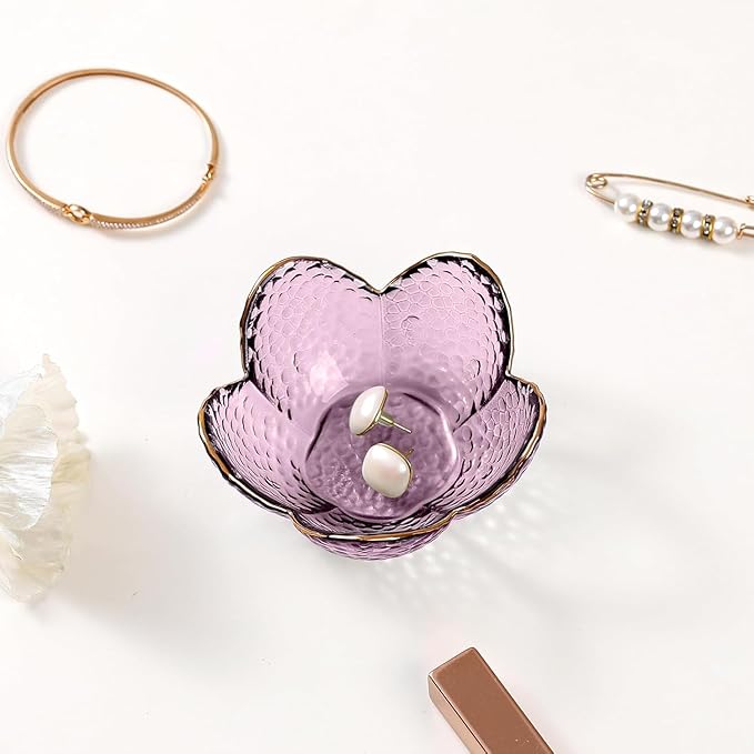 Gifts for Women Purple Flower Jewelry Dish Glass Ring Holder Decorative Jewelry Tray Cute Vanity Room Decor Aesthetic Nightstand Bathroom Decor Trinket Dish Friendship Birthday Christmas Gifts (2pcs)