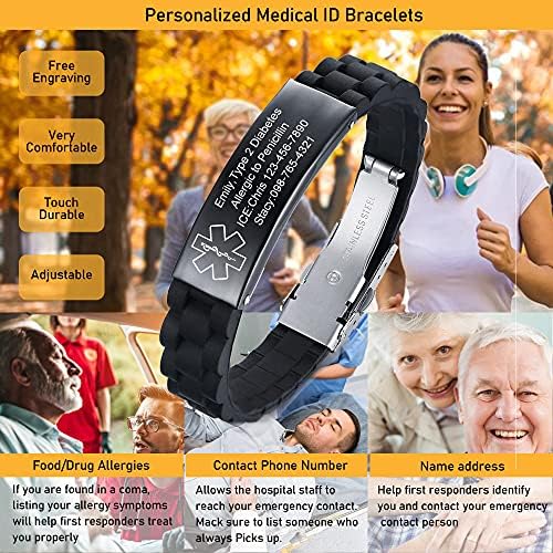 VNOX Medical Alert Bracelets for Men & Women Kids with Free Engraving Adjustable Stainless Steel Mesh Emergency Medical ID Bracelets Wristband