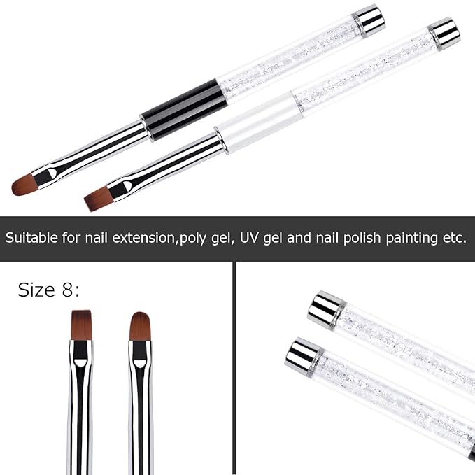 2Pcs Oval & Flat UV Builder Gel Nail Brush Set Rhinestone Handle Professional Nail Art Design Brushes for Polygel Hard Gel