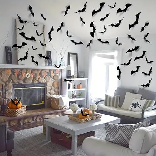 Boolavard 124pcs 3D Black Bat Wall Decals - Spooky Halloween Decor for Bars & Rooms, Perfect for Parties & Festive Creepy Props