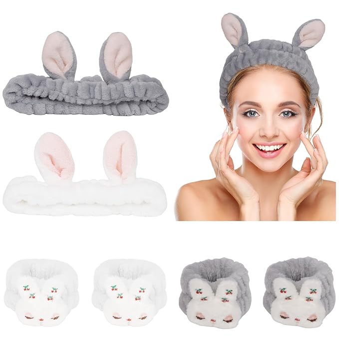 YISSION Bunny Ear Spa Headband & Wristband Set for Women and Girls - Soft Plush Makeup Headband with Embroidered Bunny Wrist Towels for Face Washing, Skincare, Easter (Gray & White)
