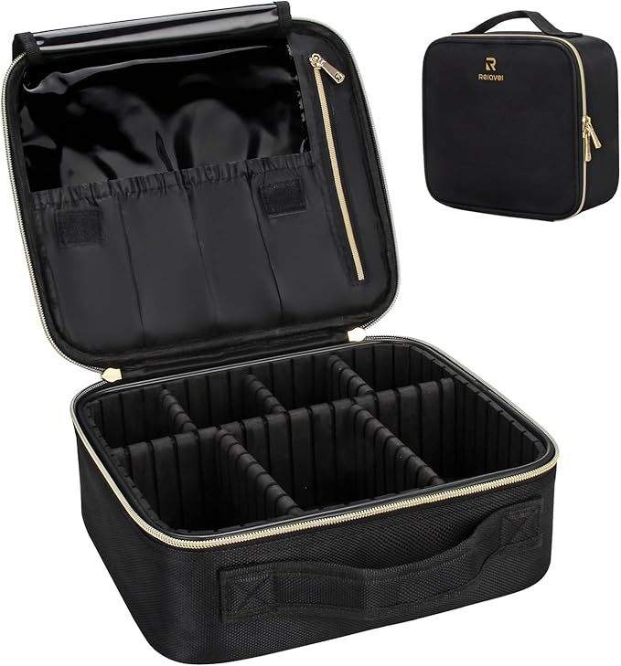 Relavel Travel Makeup Train Case Makeup Cosmetic Case Organizer Portable Artist Storage Bag with Adjustable Dividers for Cosmetics Makeup Brushes Toiletry, Black with Gold Zipper