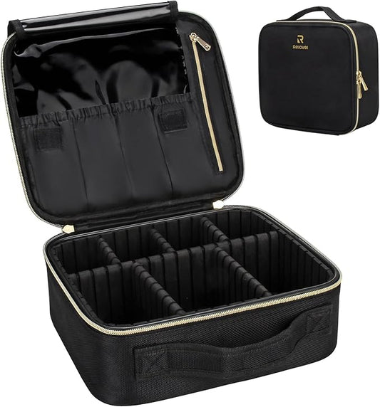 Relavel Travel Makeup Train Case Makeup Cosmetic Case Organizer Portable Artist Storage Bag with Adjustable Dividers for Cosmetics Makeup Brushes Toiletry, Black with Gold Zipper