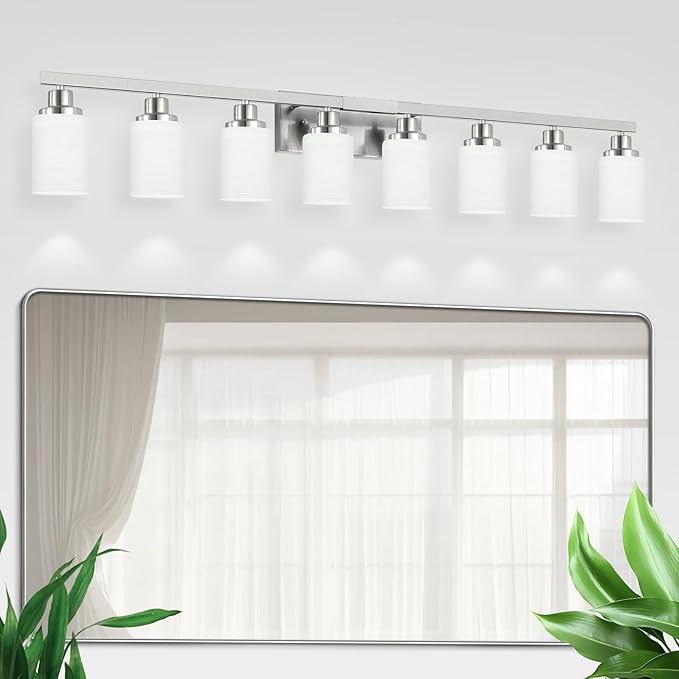 DIKAIDA 8-Light Bathroom Light Fixtures, 52inch Nickel Vanity Light with Milky White Glass Shade, Modern Bathroom Wall Lights Over Mirror, Farmhouse Wall Sconces Lighting for Bedroom Living Room