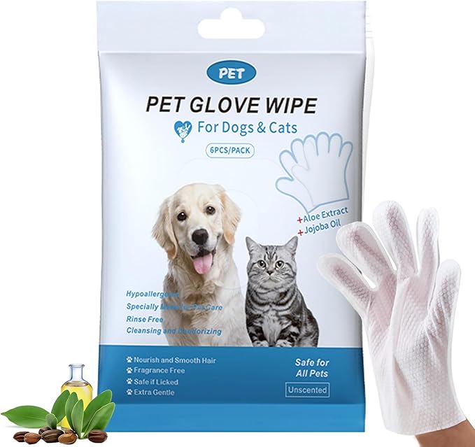 Pet Glove Wipes for Pet,Extra-Thick Rinse-Free Dog & Cat Grooming Gloves,Vet Recommended Hypoallergenic，Gentle & Safe for Cleaning,Deodorizing Wipes for Dander,6pcs unscent