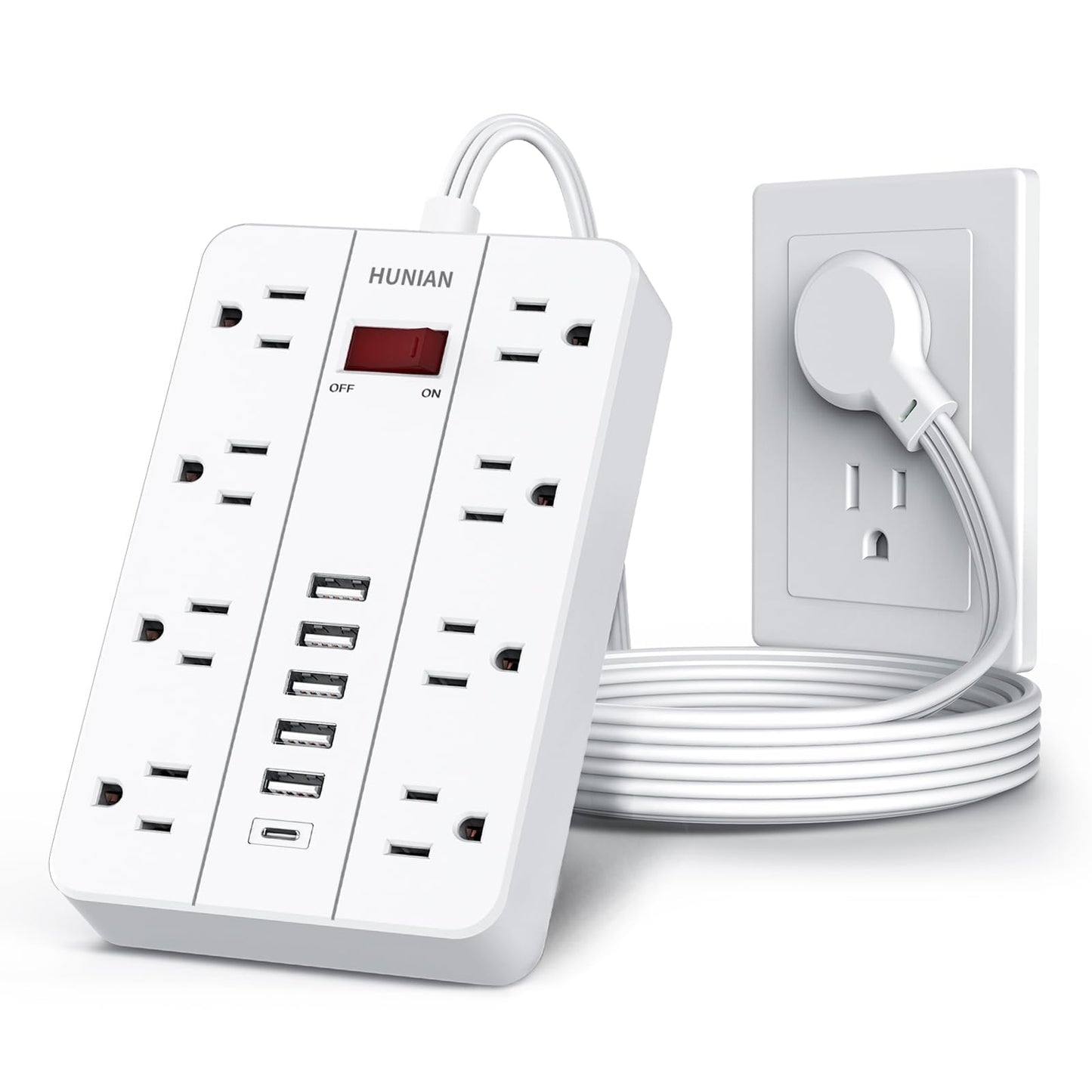 Power Strip with USB, Flat Plug Extension Cord with Multiple Outlets 5 Ft, HUNIAN Power Strip with 8 Widely Spaced Outlets 6 USB Charger (1 USB C Port), Desk Charging Station for Home Office, White