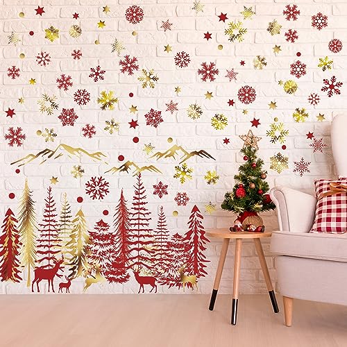 Teling 8 Pieces Winter Snowflake Wall Decals Stickers Dreamy Nursery Forest Woodland Trees Deer Pine Tree Wall Decals for Kids Room Winter Decor(Red, Gold)