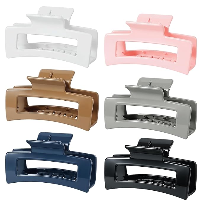 Auseibeely 6 Pcs Large Claw Clips for Thick Hair, 4.1 Inch Square Claw Clip for Women Girls, Strong Hold Hair Clips for Thick/Long/Curly Hair, Non-slip Banana Jaw Clip Accessories, Multicolor