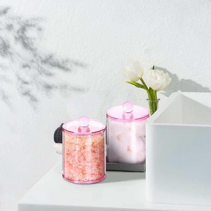 XIPENGKEJI 6 Pack Qtip Holder,Canister Apothecary Jar Set, Bathroom Jars with Lids Set for Cotton Swabs, Balls, Pads, Floss Picks,10oz-12oz Plastic Canisters Restroom Bedroom Vanity Organizer(Pink)