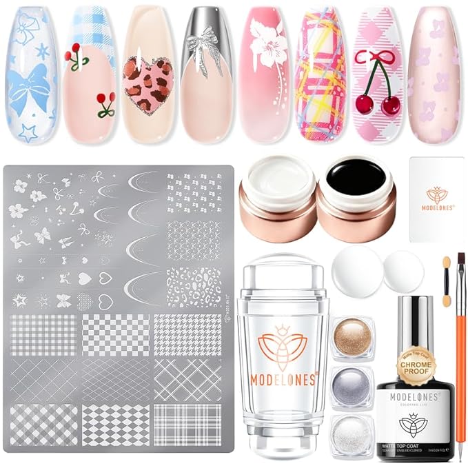 Modelones 16PCS Plaid Nail Stamping Kit – French Tip Stamper White Black Painting Gel Polish Chrome Powder Proof Matte Gel Top Coat Gingham Template Dual Nail Art Brush Spring Manicure Gift for Women