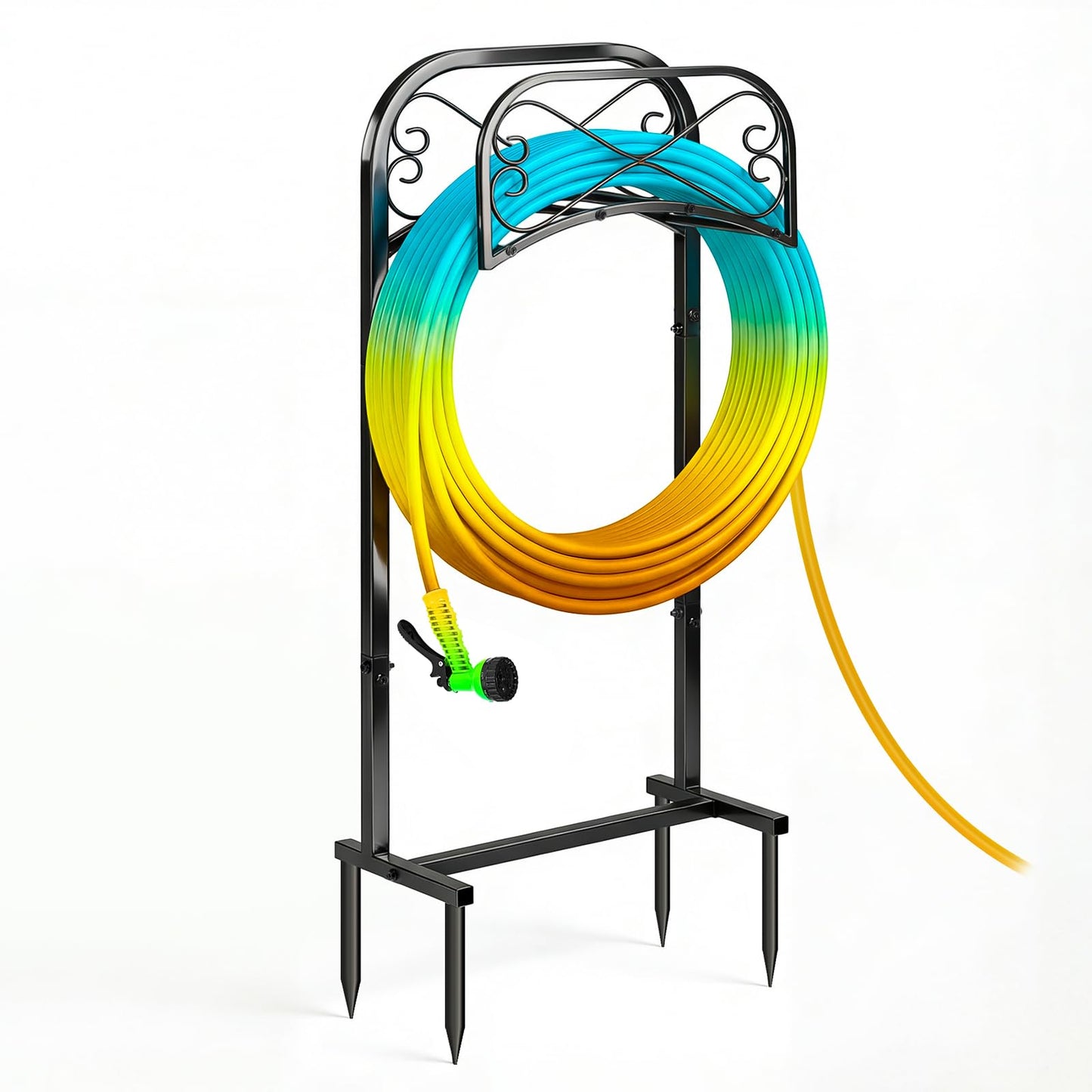 Gtongoko Garden Hose Holder for Outside 43 In With 4 Prongs Base Detachable Metal Water Hose Holder Freestanding Heavy Duty Organizer Holds 150FT Stand Hanger for Outdoor Yard Black