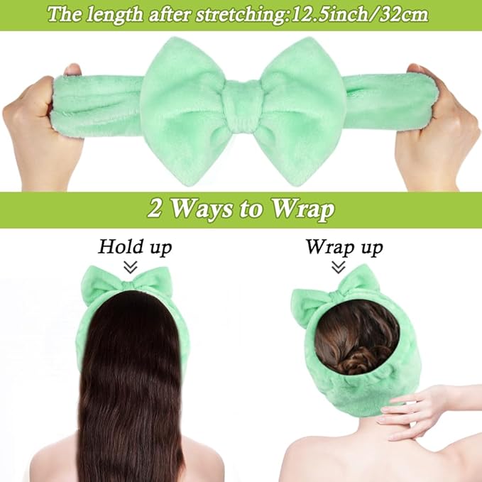 Shintop Makeup Headband, Soft Face Wash Headband with Cute Bow Elastic Spa Hairband for Skincare Facial Mask ShowersÃ¯Â¼ÂLight GreenÃ¯Â¼Â