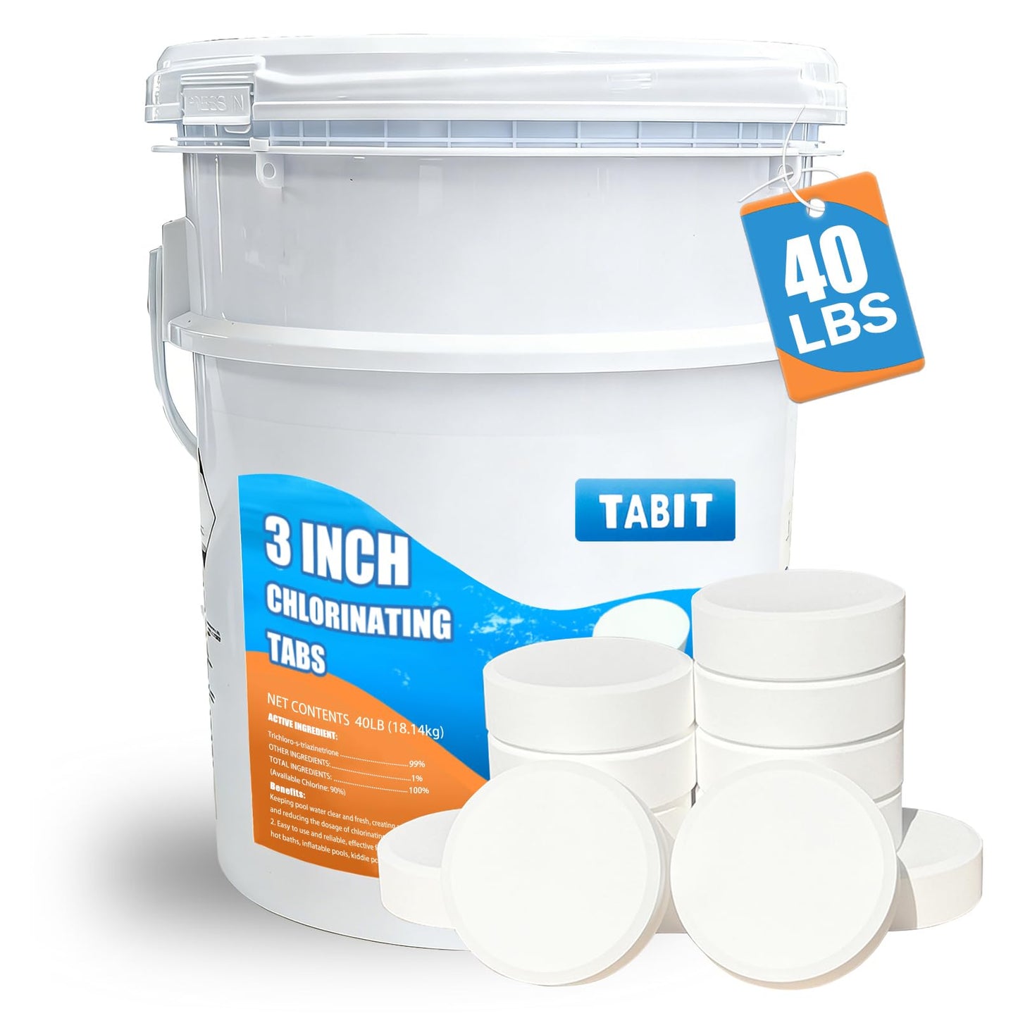 Chlorine Tablets 3 inch 40 Pounds, TABIT Swimming Pool Long Lasting Chlorinating Tablets, Slow Dissolving, Tri-Chlor for Swim Pool, Hot Tubs, Spa