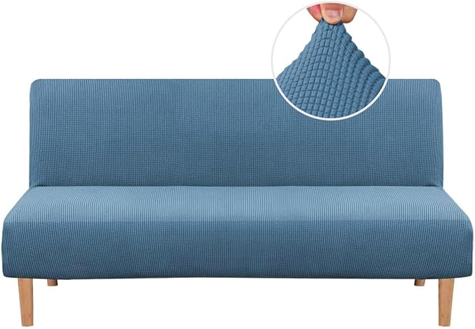 H.VERSAILTEX Armless Futon Cover Stretch Sofa Bed Slipcover Protector Elastic Feature Rich Textured High Spandex Small Checks Jacquard Fabric Futon Cover, Machine Washable, Dusty Blue