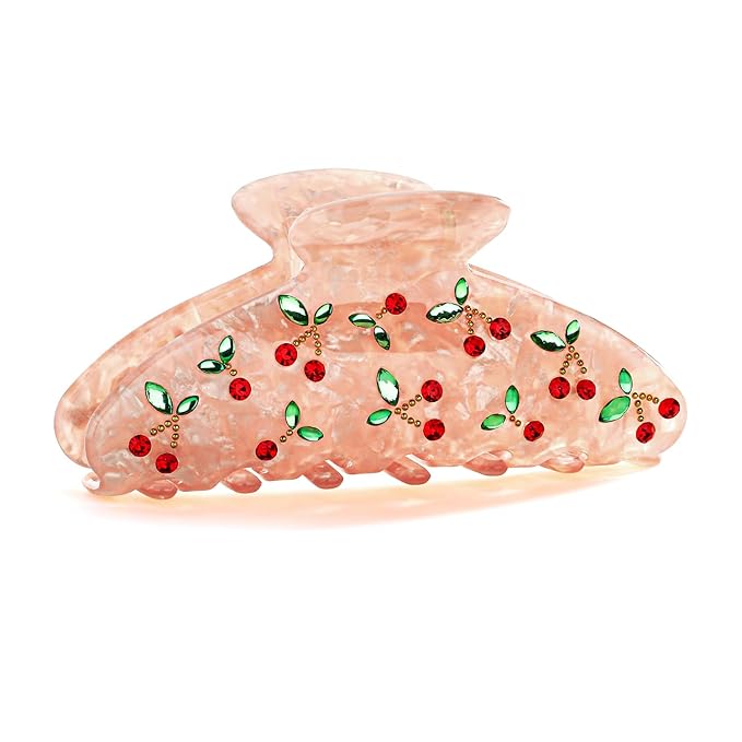 LILIE&WHITE Acrylic Pink Hair Clips For Women Cherry Hair Clip Claw Clips With The Rhinestone Pattern In Red Cherry Strong Hair Fix Hair Clips Accessories Fashion Hair Claw For Women