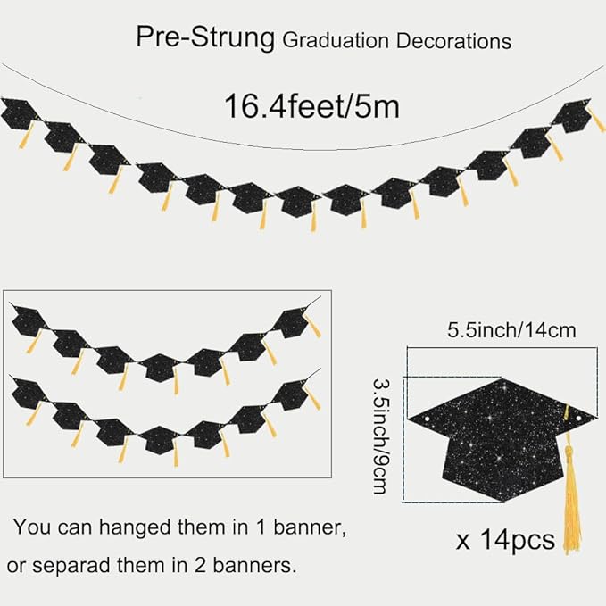 Graduation Decoration Banners 2026 Black Glitter Graduation Hats with Tassel Banners Garlands Class of 2026 Banners for College High School Graduate Party Decorations