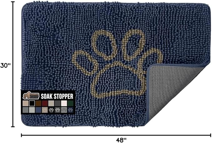 GORILLA GRIP SoakSTOPPER Dog Door Mat, 48x30 Machine Washable Rug Absorbent Doormat Captures Moisture Mud Dirt, Quick Dry Soft Chenille Entryway Rugs Indoor Entrance Mats for Dog Paws, Navy