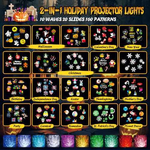 Halloween Christmas Projector Lights Outdoor with 20 Slides/160 Patterns/10 Ocean Wave Effects, Holiday Projection Lights Indoor with Remote & Timer, Waterproof Christmas Light Projector Decorations