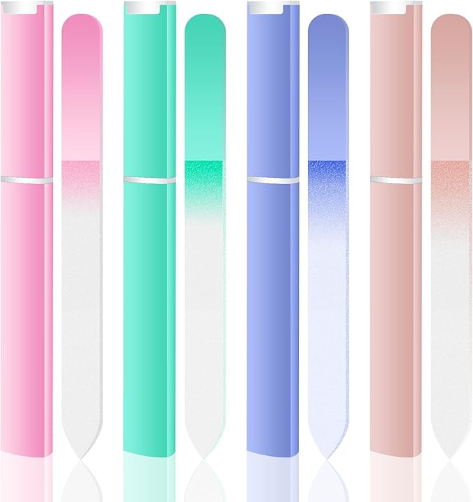 WOKOTO 4 Pcs Crystal Glass Nail Files with Case for Natural Nails, Professional Glass Emery Boards Double-Sided Glass File for Women Adults Fingernail Files Nail Buffer (Pink, Green, Blue, Rose Gold)