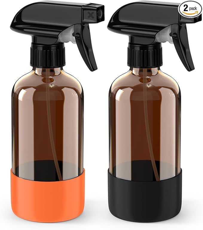 Bontip Glass Spray Bottle with Silicone Sleeve Protection, Amber Glass Spray Bottle Set for Window Cleaner Aromatherapy Facial Hydration Watering Flowers Hair Care 2 Pack/8 oz (Black & Orange)