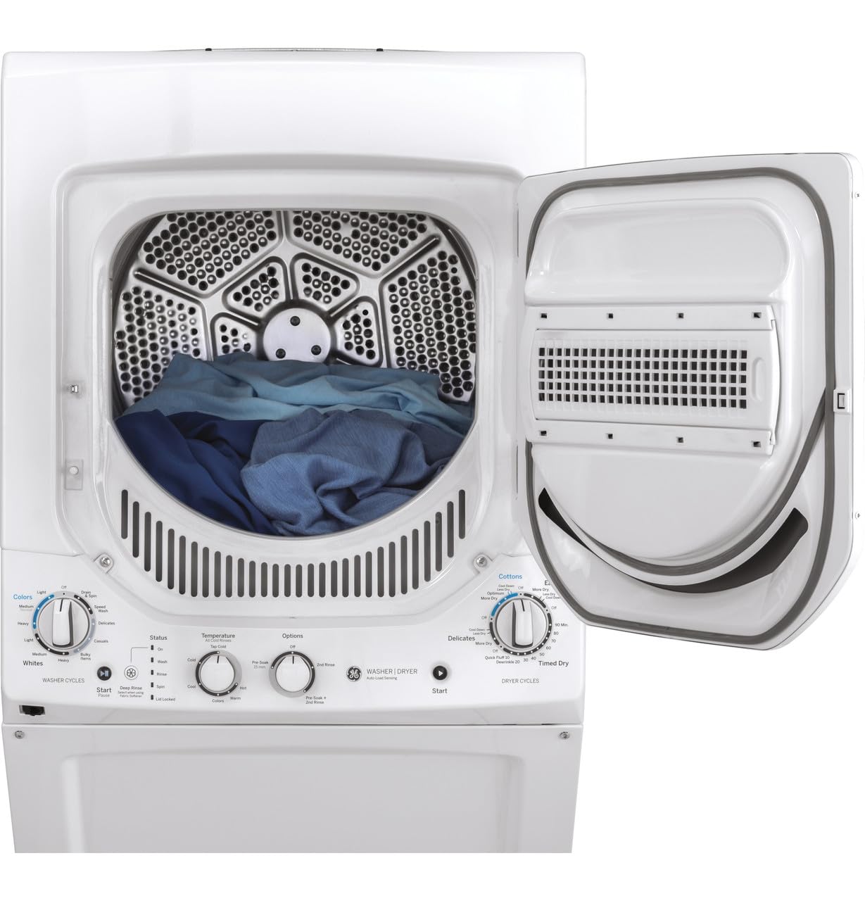 GE Unitized Spacemaker® 3.8 Cu. Ft. Washer and 5.9 Cu. Ft. Electric Dryer Laundry Center, 27-Inch, White – GUD24ESSMWW