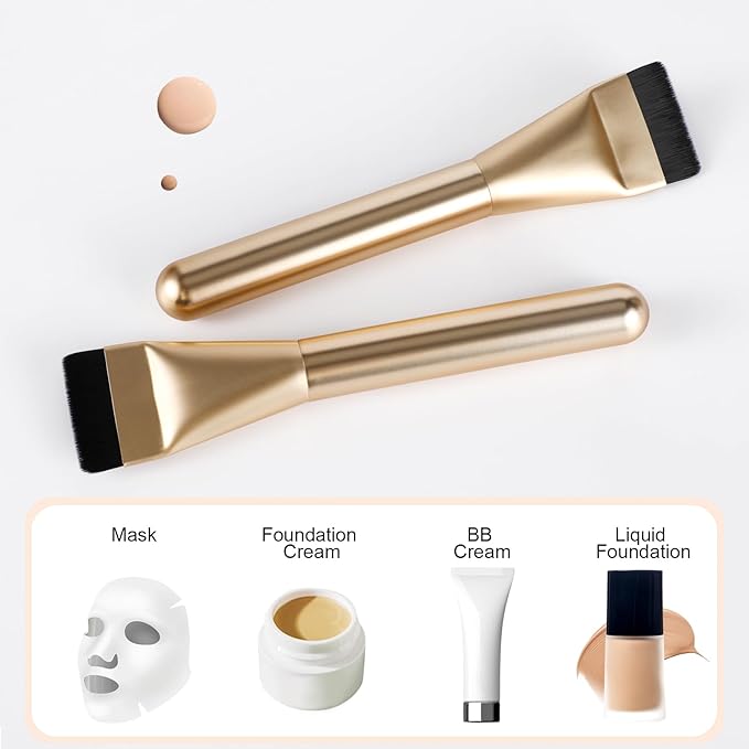 2Pcs Flat Foundation Brush,Face Mask Brush Makeup Spatula Facial Brush for Liquid Foundation Mask,Premium Face Korean Makeup Brush for Blending Cream (Silver&Champagne)
