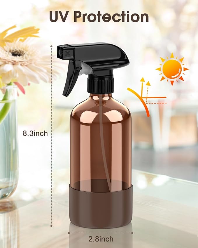 Bontip Glass Spray Bottle with Silicone Sleeve Protection, Amber Glass Spray Bottle Set for Window Cleaner Aromatherapy Facial Hydration Watering Flowers Hair Care 2 Pack/16 oz (Brown, 16 oz)