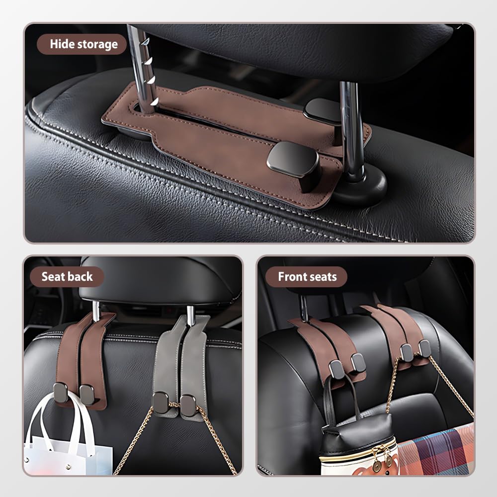 Fauppt Headrest Hooks for Car Car Seat Hooks for Headrest,2026 Hooks for Purses and Bags Cute Car Purse Holder,Twinhook Leather Car Headrest Hangers Seat Back Organizers for Travel (Black*4)