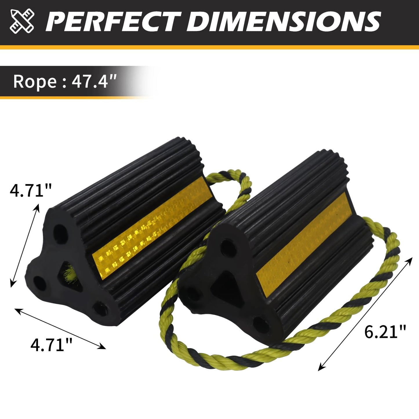 WECARLLE Wheel Chocks [1pair/2pack with Rope] for RV Trailer Camper Truck Car and Aircraft, Versatile Heavy Duty Rubber Wheel Chocks Block with 3 Reflective Strips, Tire Wheel Immobilizers & Chocks