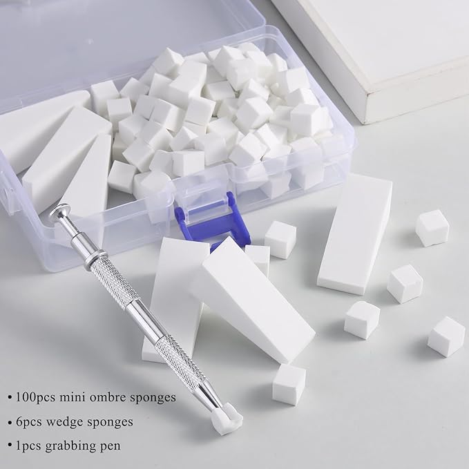 100Pcs Soft Nail Sponges for Ombre, Gradient Effect White Nail Art Sponges With Grabbing Pen 6Pcs Wedge Sponges Aura Nails Ombre Nail Brush Professional Accessories Manicure Salon Supplies