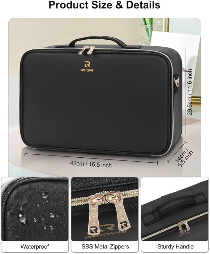 Relavel Large Makeup Case With LED Mirror, 16.2" Cosmetic Vanity Case with 3 Lignting Modes and Adjustable Brigntness, Professional Travel Make Up Organizer for Makeup Artist with Strap, Black